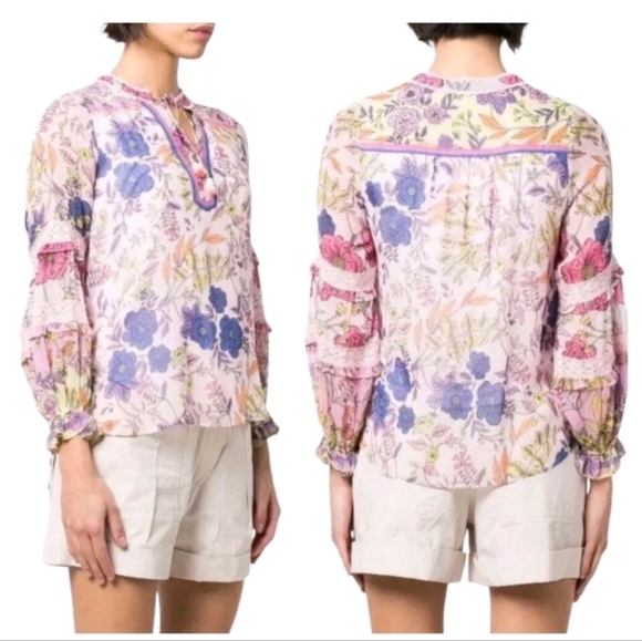 Hale Bob Floral Long Sleeve Blouse Crochet Lace Tassel Tie - Picture 3 of 8